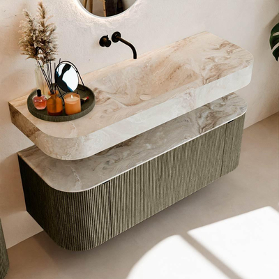 MONDIAZ THOR-DLUX 130cm meuble de salle de bains arrondi gauche + droite couleur Shadow avec 1 tiroir et 2 portes. Vasque suspendue CLOUD Milieu sans trou de robinet couleur Frappe.