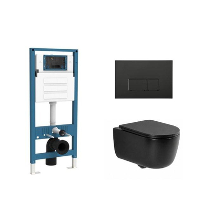 QeramiQ Dely Swirl Ensemble de toilettes - réservoir encastré Qeramiq Flush - abattant slim - plaque de commande noire mate en métal - boutons rectangulaires - noir mat