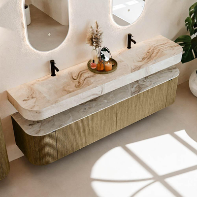 MONDIAZ THOR-DLUX Meuble de salle de bains - 200cm - arrondi gauche + droite - couleur Dusk - 2 tiroirs et 2 portes - Vasque suspendue CLOUD Double 2 trous de robinet - couleur Frappe