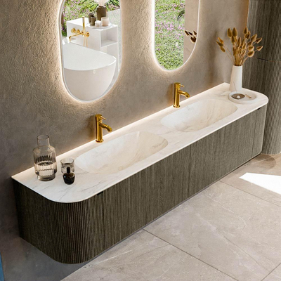 Mondiaz KURVE-DLUX Ensemble de meubles de salle de bains - 200x46x40cm - 2 tiroirs - 2 portes - vasque en solid surface - double - 2 trous de robinet - Shadow