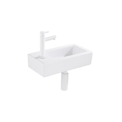 QeramiQ Fuente Ensemble lave-mains - 37.5x18.5x9cm - céramique - trou de robinet à gauche - robinet lave-mains blanc mat - bonde - siphon abaissé - Blanc brillant