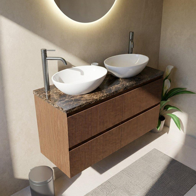 Saniclass Holz Atelier Ensemble meuble de salle de bains - 120x45x63cm - Plan de travail en pierre naturelle Noche dark emperador - 2 trous de robinet - 2 tiroirs - mat walnut pure (bois)