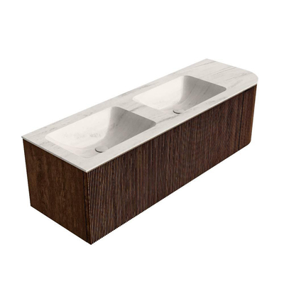 MONDIAZ KURVE-DLUX 145cm meuble de salle de bains arrondi Droite couleur Walnut avec 1 tiroir et 1 porte. Lavabo LEAF Double / Gauche 2 trous de robinet Meli.