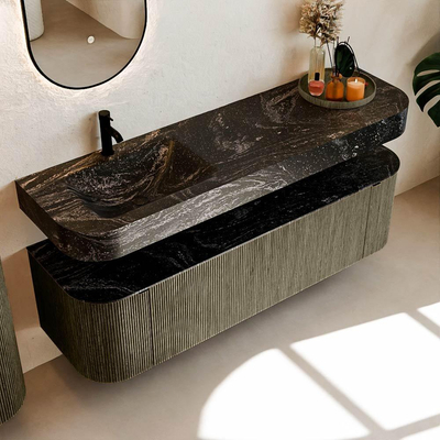 MONDIAZ THOR-DLUX 160cm badmeubel ronding links + rechts kleur Shadow met 1 lade en 2 deuren. Vrijhangende wastafel CLOUD Links 1 kraangat kleur Lava.