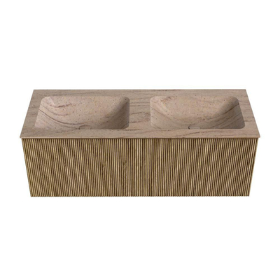 MONDIAZ KURVE-DLUX meuble de salle de bains 120 cm couleur Dusk avec 1 tiroir et 0 porte. Lavabo LEAF double sans trou de robinet Saba.