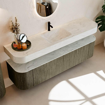 MONDIAZ THOR-DLUX Meuble de salle de bains - 180cm - arrondi gauche + droite - couleur Shadow - 2 tiroirs - 2 portes - Vasque suspendue CLOUD Milieu 1 trou de robinet couleur Opalo