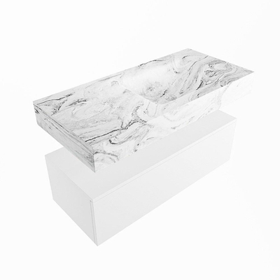 Mondiaz ALAN-DLUX Ensemble de meuble - 100cm - meuble Talc mat - 1 tiroir - Lavabo Cloud Glace suspendu - vasque Droite - 0 trous de robinet
