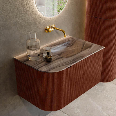 MONDIAZ KURVE-DLUX meuble de salle de bain 75cm arrondi à gauche couleur Ruby avec 1 tiroir et 1 porte. Lavabo GRUNNE à droite sans trou de robinetterie Sombra.