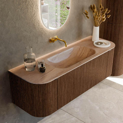MONDIAZ KURVE-DLUX 140cm badmeubel ronding Links + Rechts kleur Walnut met 1 lade en 2 deuren. Wastafel BIG SMALL Midden zonder kraangat Saba.