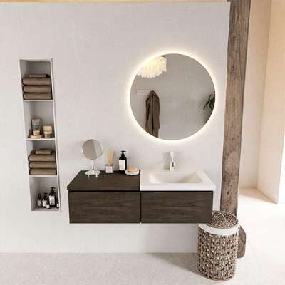 MONDIAZ BUKLA 120cm ensemble de meuble avec module 60 couleur Marron Foncé avec 2 tiroirs. Lavabo CLOUD à droite 1 trou de robinet couleur Talc.