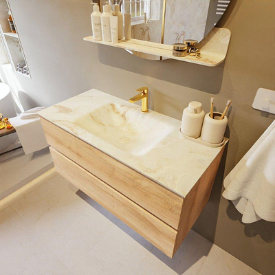 Mondiaz VICA-DLUX Ensemble de meuble de salle de bain - 100cm - meuble sous-vasque chêne blanchi - 2 tiroirs - lavabo encastré nuage milieu - 1 trou de robinet - version haute de 60cm - frape