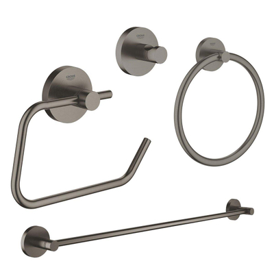 GROHE Essentials ensemble d’accessoires 4 pièces avec anneau porte-serviette, porte-serviettes, patère et porte-rouleau de papier toilette sans couvercle Brushed hard graphite