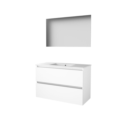 Basic-Line Ultimate 46 ensemble de meubles de salle de bain 100x46cm sans poignée 2 tiroirs lavabo en porcelaine 1 trou de robinetterie miroir éclairage mdf laqué blanc glacier