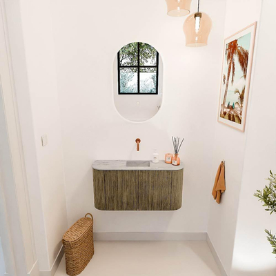 Mondiaz JOYA-DLUX 83.2cm meuble de salle de bains - arrondi gauche et droite couleur Dusk - Vasque FAYE position Milieu Sans trou de robinet couleur Glace.