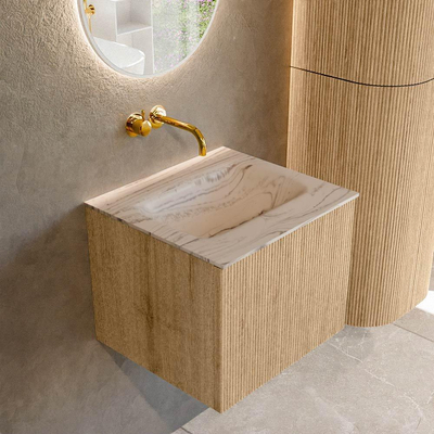 MONDIAZ KURVE-DLUX 50cm badmeubel kleur Oak met 1 lade en 0 deuren. Wastafel GRUNNE Midden zonder kraangat Nata.