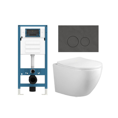 Adema Salina 2.0 Toiletset - 48.5x36x32cm - diepspoel - spoelrandloos - QeramiQ inbouwreservoir - softclose - quickrelease - toiletzitting - donker marmeren natuurstenen bedieningsplaat - ronde knoppen - wit
