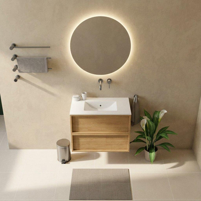 Saniclass Holz Frame Ensemble de meubles de salle de bains - 80x45x62cm - lavabo Vygo en céramique blanc - 1 vasque - sans trou de robinet - 2 tiroirs - chêne naturel mat (bois)