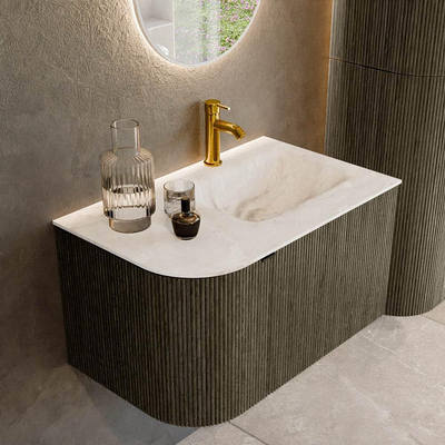 Mondiaz KURVE-DLUX Ensemble de meuble salle de bain - 75x46x40cm - 1 tiroir - 1 porte - lavabo en solid surface - droite - 1 trou de robinet - Shadow