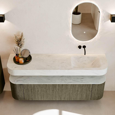 MONDIAZ THOR-DLUX 170cm meuble de salle de bains arrondi gauche + droite couleur Shadow avec 1 tiroir et 2 portes. Vasque suspendue CLOUD Droite sans trou de robinet couleur Opalo.