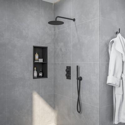 Fortifura Calvi Ensemble de douche pluie encastrable - thermostatique - bras mural - pommeau 25cm - douchette stick - flexible en métal - Noir mat