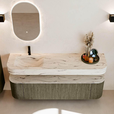 MONDIAZ THOR-DLUX Meuble de salle de bains 170cm arrondi gauche + droite couleur Shadow avec 1 tiroir et 2 portes. Vasque suspendue CLOUD Gauche 1 trou de robinet couleur Nata.