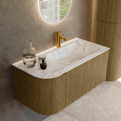 Mondiaz KURVE-DLUX Ensemble de meuble de salle de bains - 95x46x40cm - 1 tiroir - 1 porte - lavabo solid surface - droite - 1 trou de robinet - Dusk