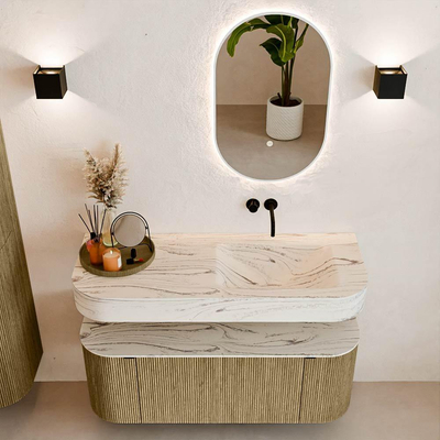 MONDIAZ THOR-DLUX 120cm meuble de salle de bains arrondi gauche + droite couleur Dusk avec 1 tiroir et 2 portes. Vasque suspendue CLOUD Droite sans trou de robinet couleur Nata.