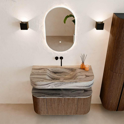 MONDIAZ THOR-DLUX 100cm badmeubel ronding links + rechts kleur Walnut met 1 lade en 2 deuren. Vrijhangende wastafel CLOUD Midden zonder kraangat kleur Sombra.