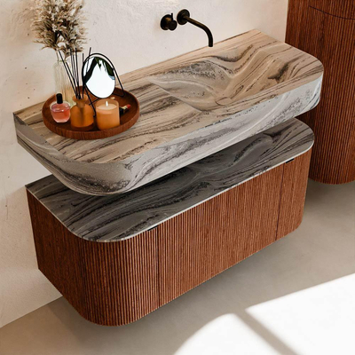 MONDIAZ THOR-DLUX Meuble de salle de bains - 110cm - arrondi gauche + droite - couleur Ruby - 1 tiroir - 2 portes - Vasque suspendue CLOUD droite sans trou de robinet - couleur Sombra