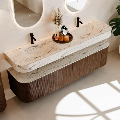 MONDIAZ THOR-DLUX 180cm meuble de salle de bains arrondi gauche + droite couleur Walnut avec 2 tiroirs et 2 portes. Vasque suspendue CLOUD Double 2 trous de robinet couleur Nata.