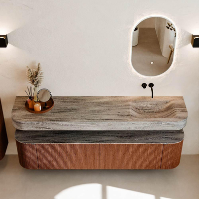 MONDIAZ THOR-DLUX 190cm meuble de salle de bains arrondi gauche + droite couleur Ruby avec 2 tiroirs et 2 portes. Vasque suspendue CLOUD Droite sans trou de robinet couleur Oza.