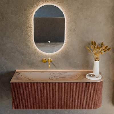 MONDIAZ KURVE-DLUX meuble de salle de bains 125cm arrondi à droite couleur Ruby avec 1 tiroir et 1 porte. Lavabo BIG MEDIUM à gauche sans trou de robinet Arena.