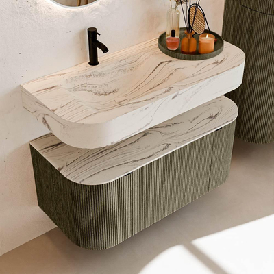 MONDIAZ THOR-DLUX 100cm meuble de salle de bains arrondi gauche + droite couleur Shadow avec 1 tiroir et 2 portes. Vasque suspendue CLOUD Gauche 1 trou de robinet couleur Nata.