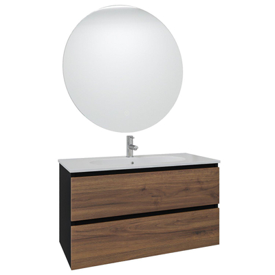 Adema Industrial 2.0 Ensemble de meuble 100x45x55cm avec vasque blanche en céramique 1 trou de robinet et miroir bois/noir