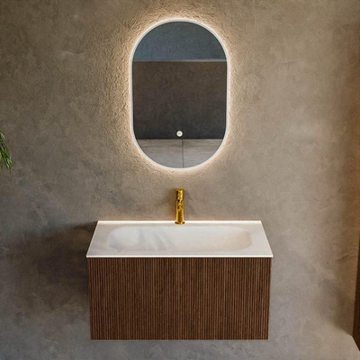 MONDIAZ KURVE 80cm badmeubel kleur Walnut met 1 lade. Wastafel BIG SMALL midden 1 kraangat Talc.