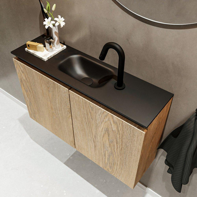 MONDIAZ TURE Fonteinset - 80x23x50cm - 1 kraangat - 2 deuren - washed oak mat - Wasbak midden - Solid Surface Zwart