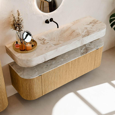 MONDIAZ THOR-DLUX 150cm badmeubel ronding links + rechts kleur Oak met 1 lade en 2 deuren. Vrijhangende wastafel CLOUD Midden zonder kraangat kleur Frappe.