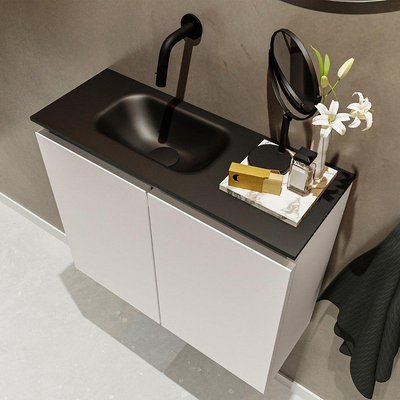 MONDIAZ TURE Toiletmeubel 60x23x50cm met 0 kraangaten 2 deuren linen mat Wastafel Eden links Solid Surface Zwart