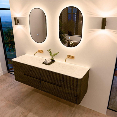 Mondiaz CIRO-DLUX Badkamermeubelset - 160x45x50cm - Solid surface wastafel Opalo - 2 wasbak Dubbel - zonder kraangaten - 4 lades - Shadow