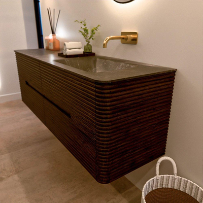 Mondiaz CIRO-DLUX Badkamermeubelset - 150x45x50cm - Solid surface wastafel Lava - 1 wasbak Rechts - zonder kraangaten - 4 lades - Walnut