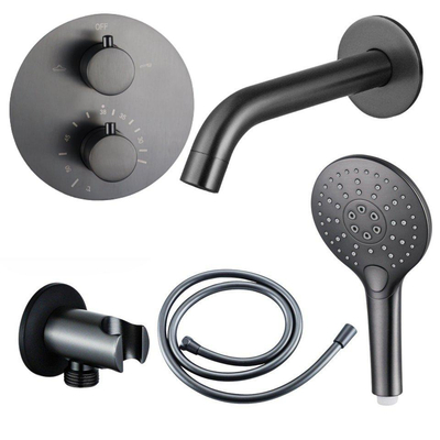 FugaFlow Eccelente Acces Badkraan set - uitloop - 22cm inkortbaar - rond bedienigspaneel - gladde slang - ronde handdouche - inbouwdeel - wandhouder - geborsteld gunmetal PVD
