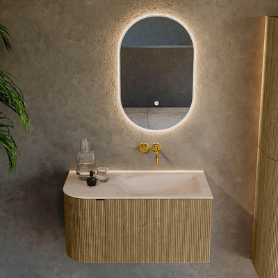 MONDIAZ KURVE-DLUX 85cm badmeubel ronding Links kleur Dusk met 1 lade en 1 deur. Wastafel CLOUD Rechts zonder kraangat Meli.