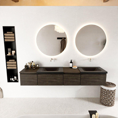 Mondiaz bukla ensemble de meubles de bain 200x45x34cm 0 robinetterie 2 lavabos surface solide urbaine sans poignée 4 tiroirs avec softclose mélamine marron foncé