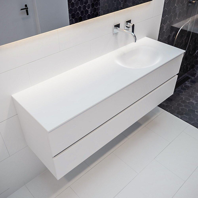 MONDIAZ VICA Ensemble de meuble salle de bain - 150cm - 2 tiroirs - lavabo Moon à droite - 0 trous de robinet - solid surface talc