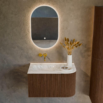 MONDIAZ KURVE-DLUX 75cm Meuble salle de bain avec module 25 D - couleur Walnut - 1 tiroir - 1 porte - vasque GRUNNE gauche - sans trou de robinet - couleur Glace