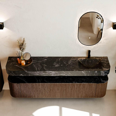 MONDIAZ THOR-DLUX 200cm meuble de salle de bains arrondi gauche + droite couleur Walnut avec 2 tiroirs et 2 portes. Vasque suspendue CLOUD droite 1 trou de robinet couleur Lava.