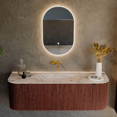 MONDIAZ KURVE-DLUX Meuble de salle de bains 140cm arrondi Gauche + Droite couleur Ruby avec 1 tiroir et 2 portes. Lavabo BIG SMALL Milieu sans trou de robinet Nata.