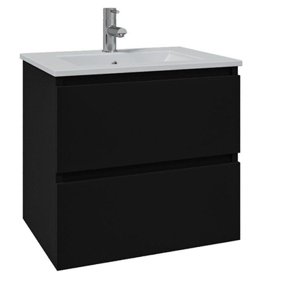 Saniclass Chaci Meuble de salle de bain - 60x46x55cm - lavabo en céramique blanc - 1 vasque - 1 trou de robinet - 2 tiroirs - ronde miroir avec éclairage - noir mat