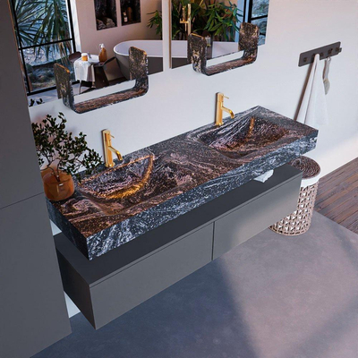 Mondiaz ALAN-DLUX Ensemble de meuble - 150cm - meuble Plata mat - 2 tiroirs - Lavabo Cloud Lava suspendu - vasque Gauche et droite - 2 trous de robinet