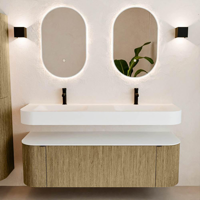 MONDIAZ THOR 150cm meuble de salle de bains arrondi gauche + droite couleur Dusk avec 1 tiroir et 2 portes. Vasque suspendue CLOUD Double 2 trous de robinet couleur Talc.